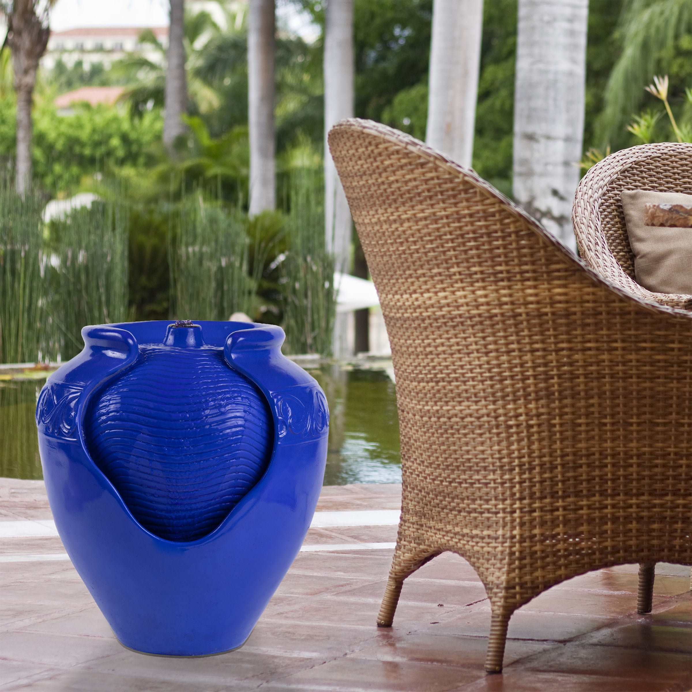 Pure Garden Jar Water Fountain – Indoor or Outdoor Water Feature with Electric Pump and LED Lights by Pure Garden (Cobalt Blue)