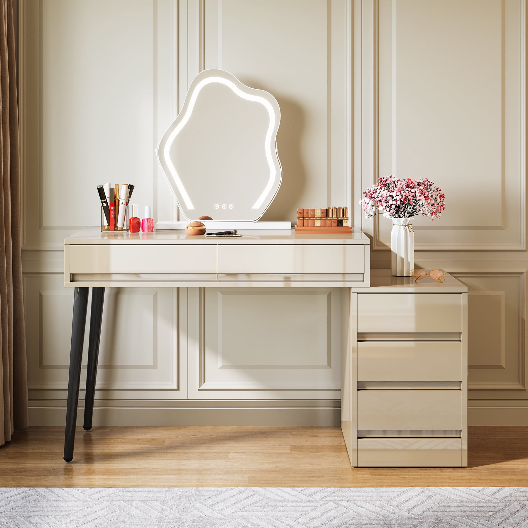 Finmind White Desk with 5 Drawers, Modern Home Office Desk with Storage Drawers and Printer Stand, Reversible Computer Desk Vanity Desk for Bedroom, Living Room