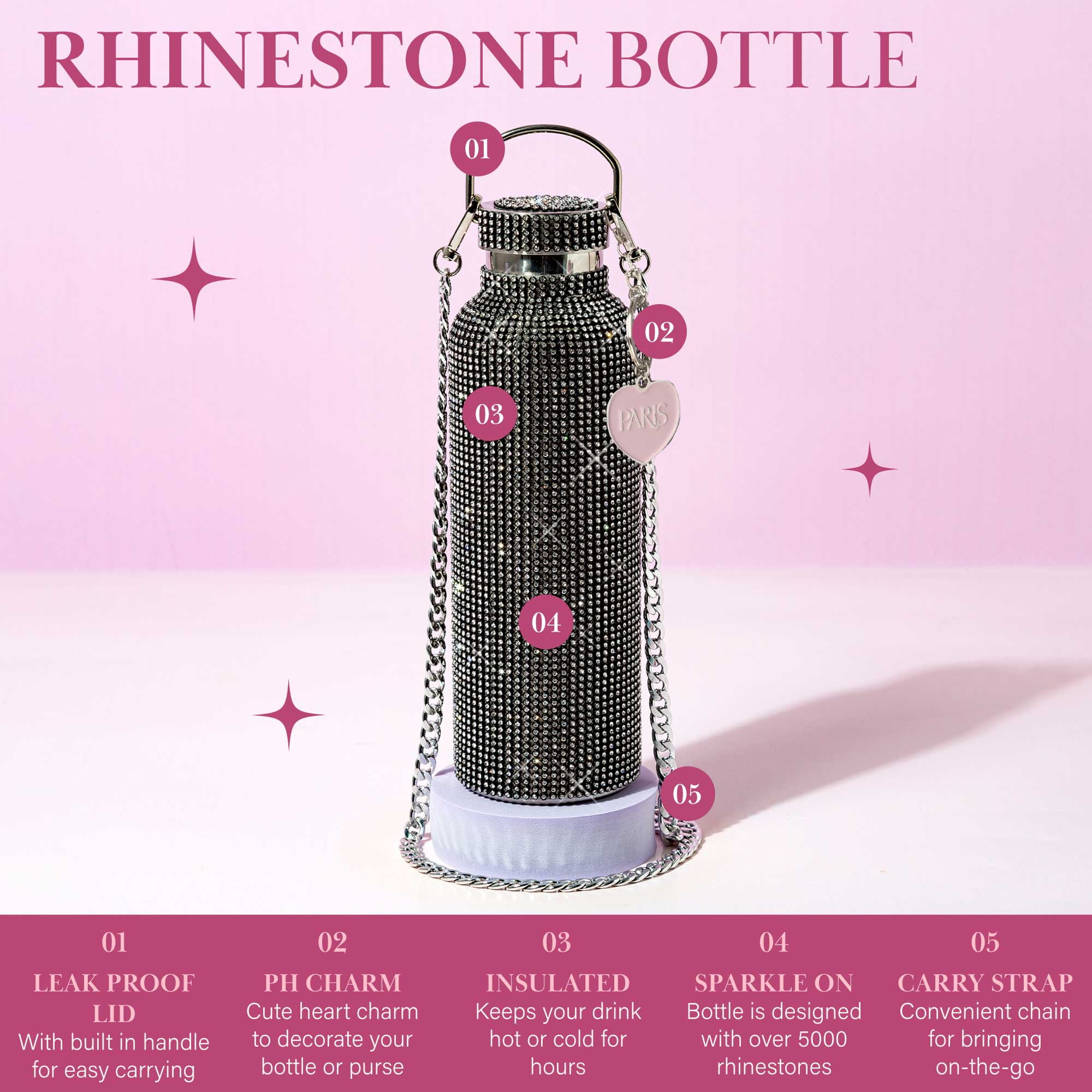 Genuine Paris Hilton Water Bottle Silver Rhinestone Stainless