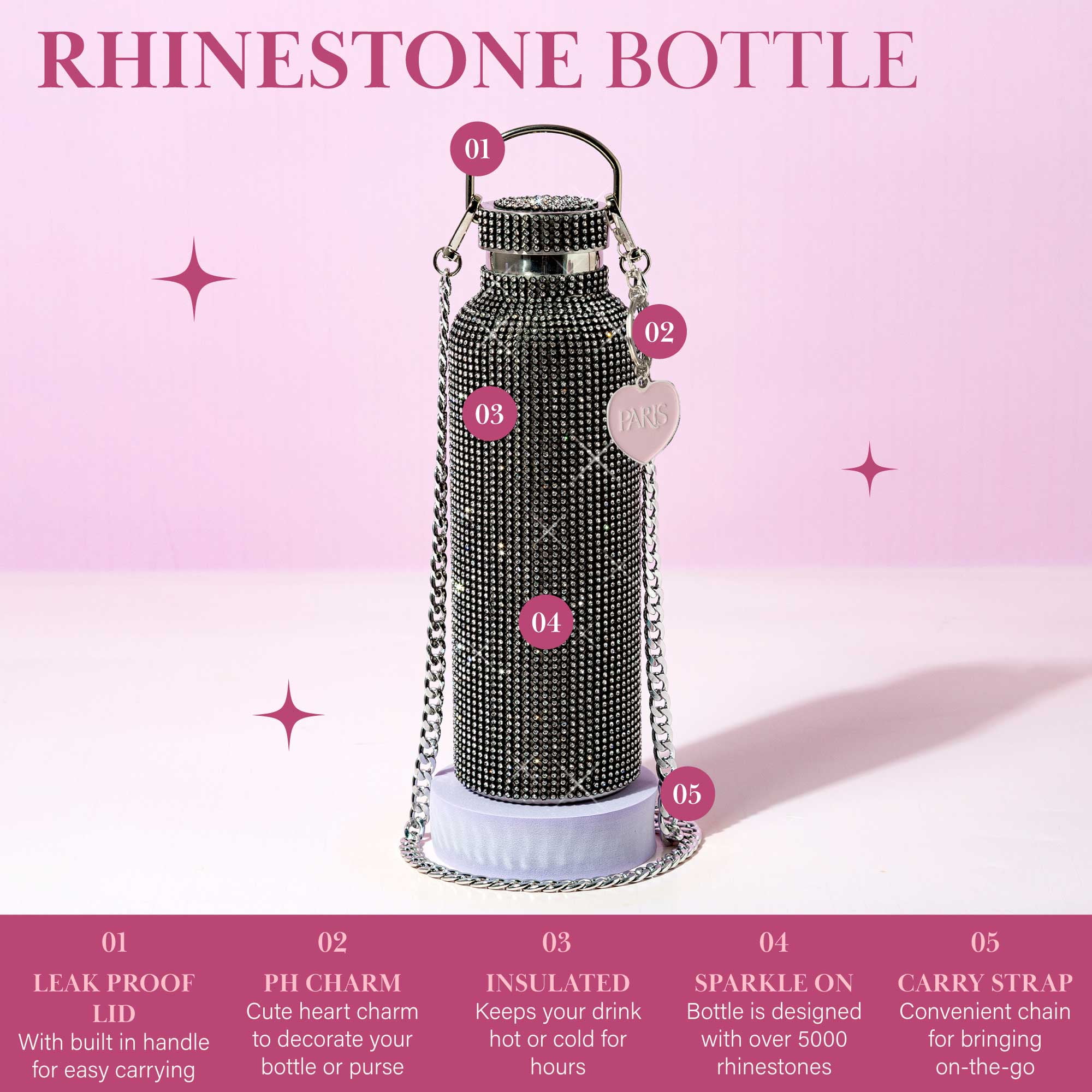 Paris Hilton Crystal Wasserflasche 750 Ml - Isoliert, Mit Tragekette, Schwarz Glitzernd