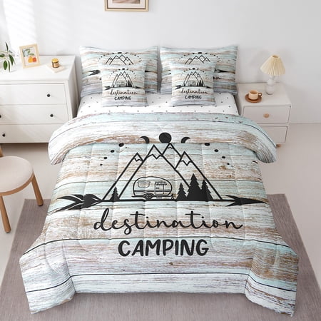 Erosebridal Camper Bed in a Bag Full Size,Happy Camping Print Bed Set,Retro Wooden Door Bedding Full Size For Teens,Breathable Bedroom Decor,7-Piece