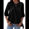 thumbnail image 3 of Camiseta de Cuello Redondo para Mujer, Blusa de Algodón de Media , Mangas 3/4, Informal, Holgada, Plisada, Básica. Negro XXL, 3 of 7