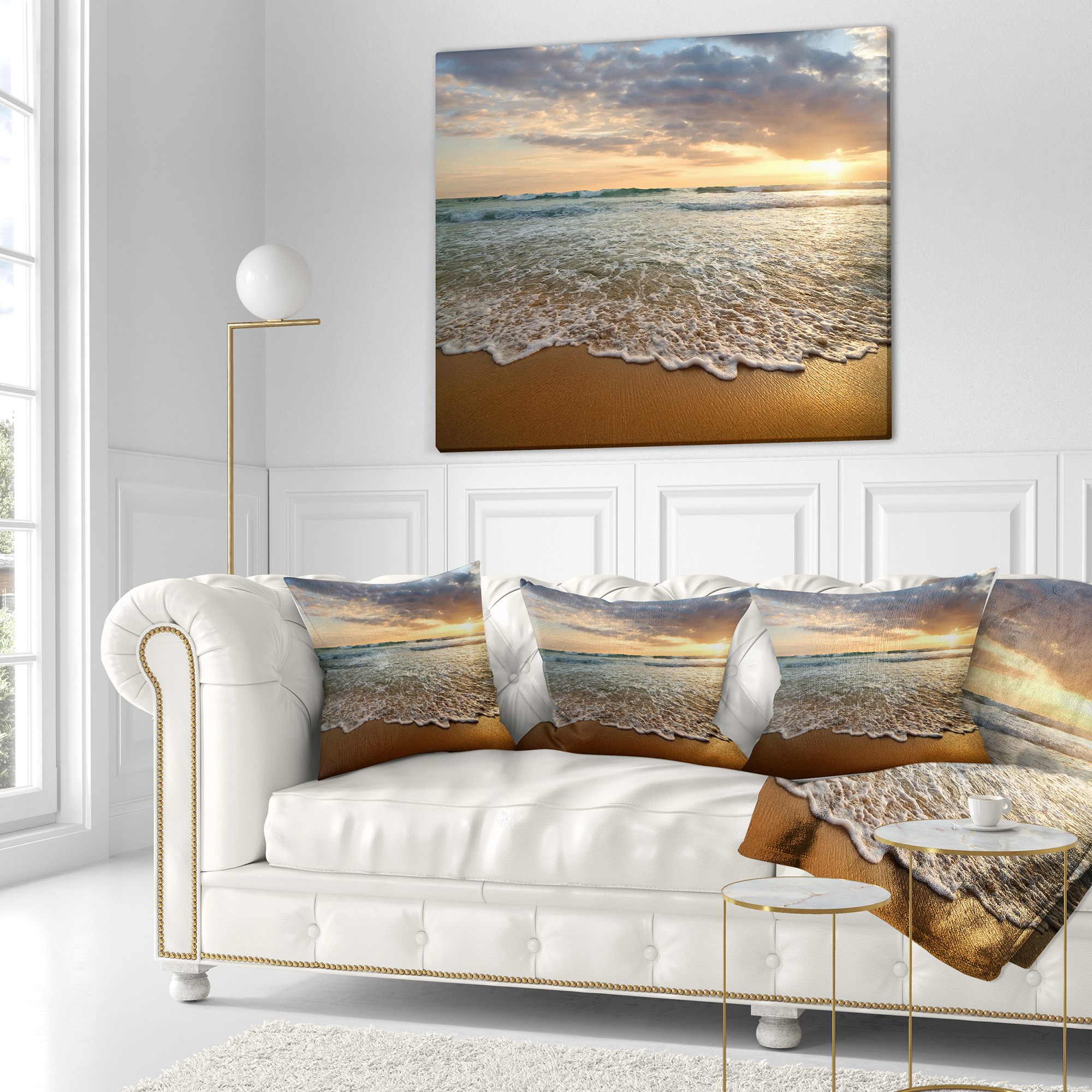 Designart Bright Cloudy Sunset in Calm Ocean - Seashore Throw Pillow - 18x18