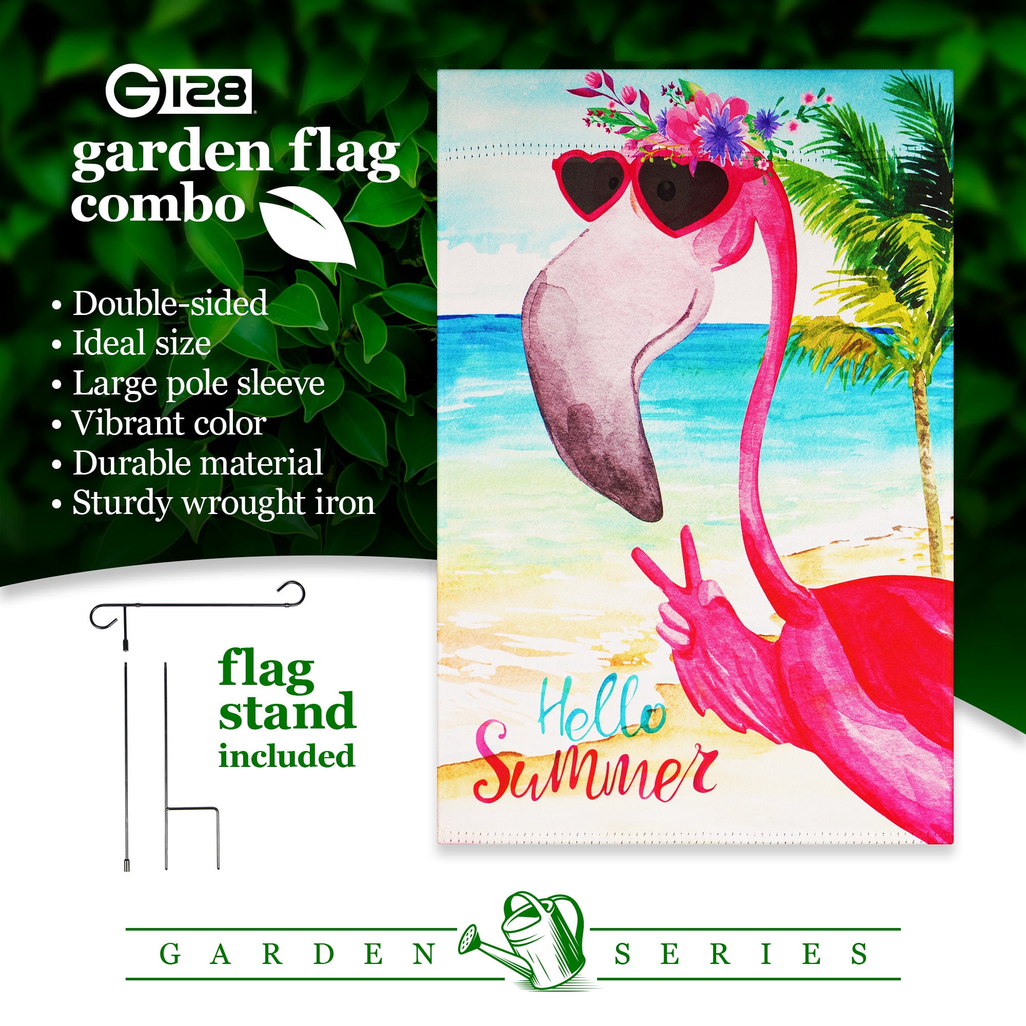 G128 Combo Pack: Garden Flag Stand Black 36 in x 16 in & Garden Flag Summer Decoration Peace Sign Flamingo 12"x18" Double-Sided Blockout Fabric