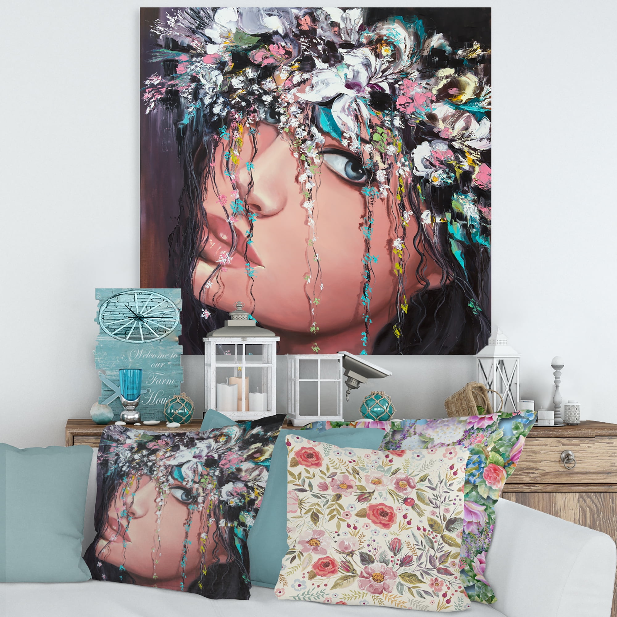 Designart ' Portrait Of A Young Woman With Flowers II ' Modern Canvas Wall Art Print