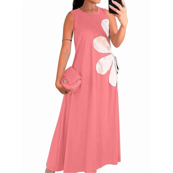 Women Casual Sleeveless Dresses Crewneck Patchwork Floral Midi Dress Coral Color S