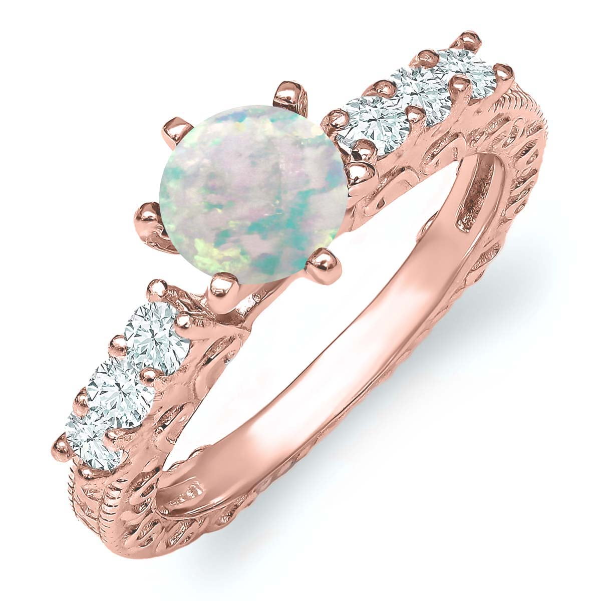 0.95 Ct Round Cabochon White Simulated Opal 18K Rose Gold Plated Silver Ring by