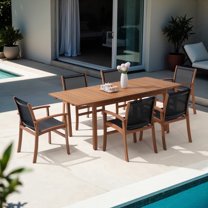 Expandable Wooden Outdoor Dining Set of 7, with Textilene Fabric Chairs, 4-8 Seater Patio Furniture, Adjustable Feet, Wood Table, Ideal for Garden/Backyard/Deck, Black Chair