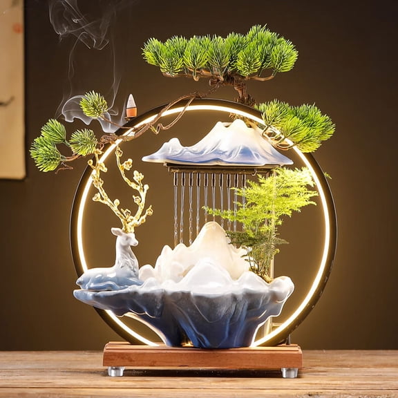 Indoor Water Fountain with Mist, 14" Tall Zen Indoor Waterfall Fountain with Round LED Light, Mist Maker and Incense Holder, Zen Meditation Decoration for Home Office