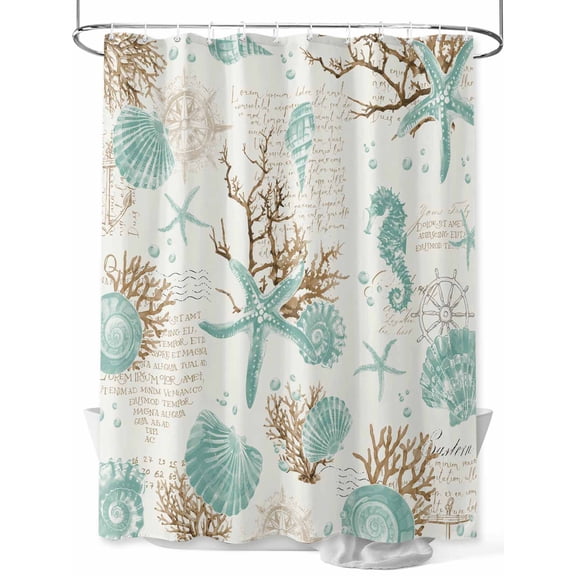 Teal Coastal Shower Curtain, Starfish Shell Coral Seahorse Ocean Vintage Waterproof Shower Curtain Set with 12 Hooks Lightweight Washable Fabric Shower Curtains for Bathroom 36x72 Inches