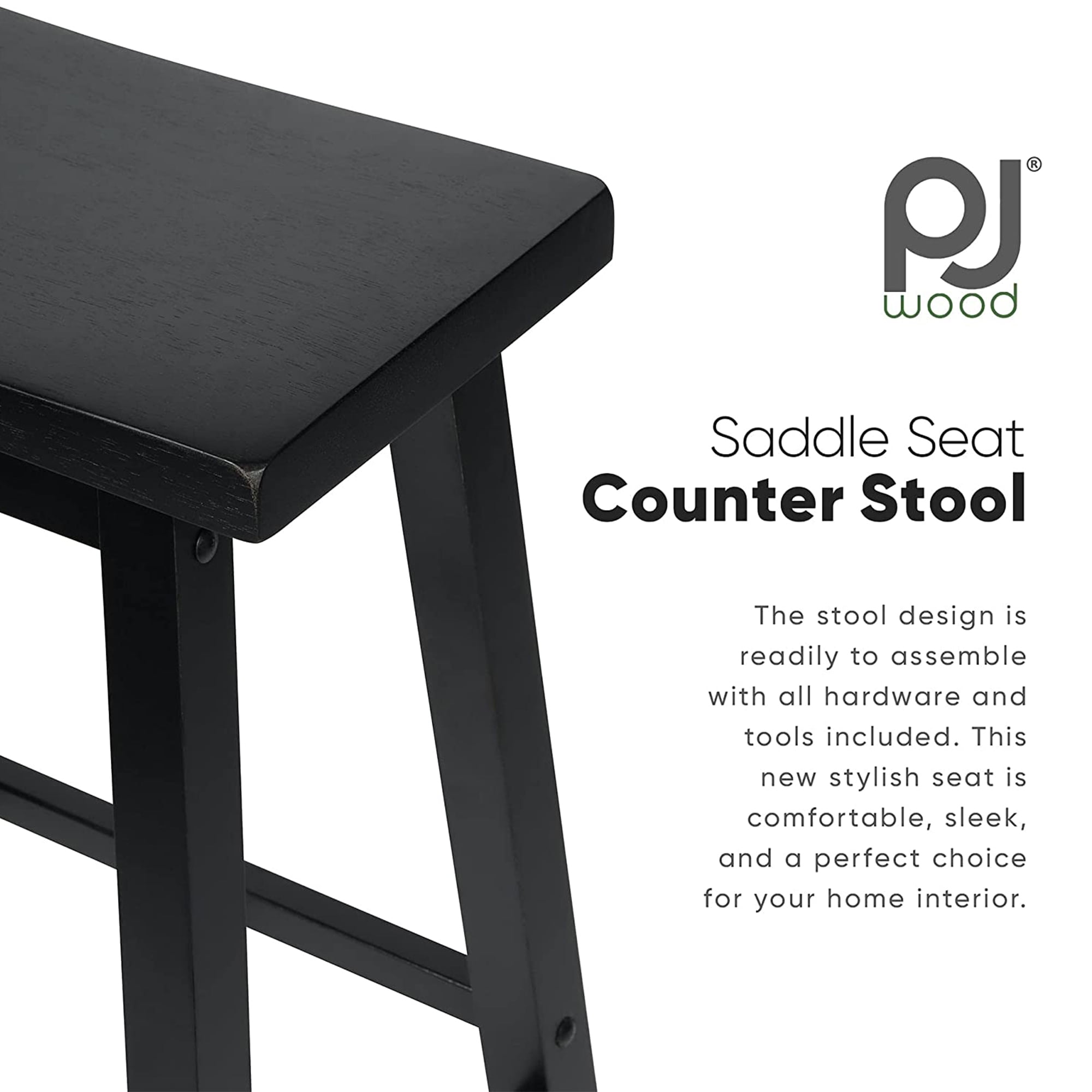 PJ Wood Classic Saddle Seat 24'' Kitchen Bar Counter Stool, Black (5 Pack)
