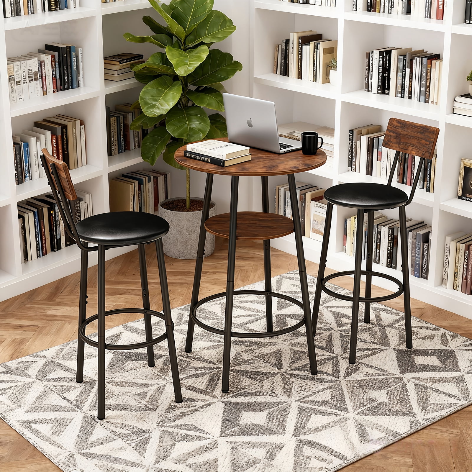 Bar Table Set, 3-Piece Round Dining Table with 2-Tier Storage and 2 PU Upholstered Stools, Compact Design for Small Spaces and Apartments, 23.62 Inch Diameter Brown