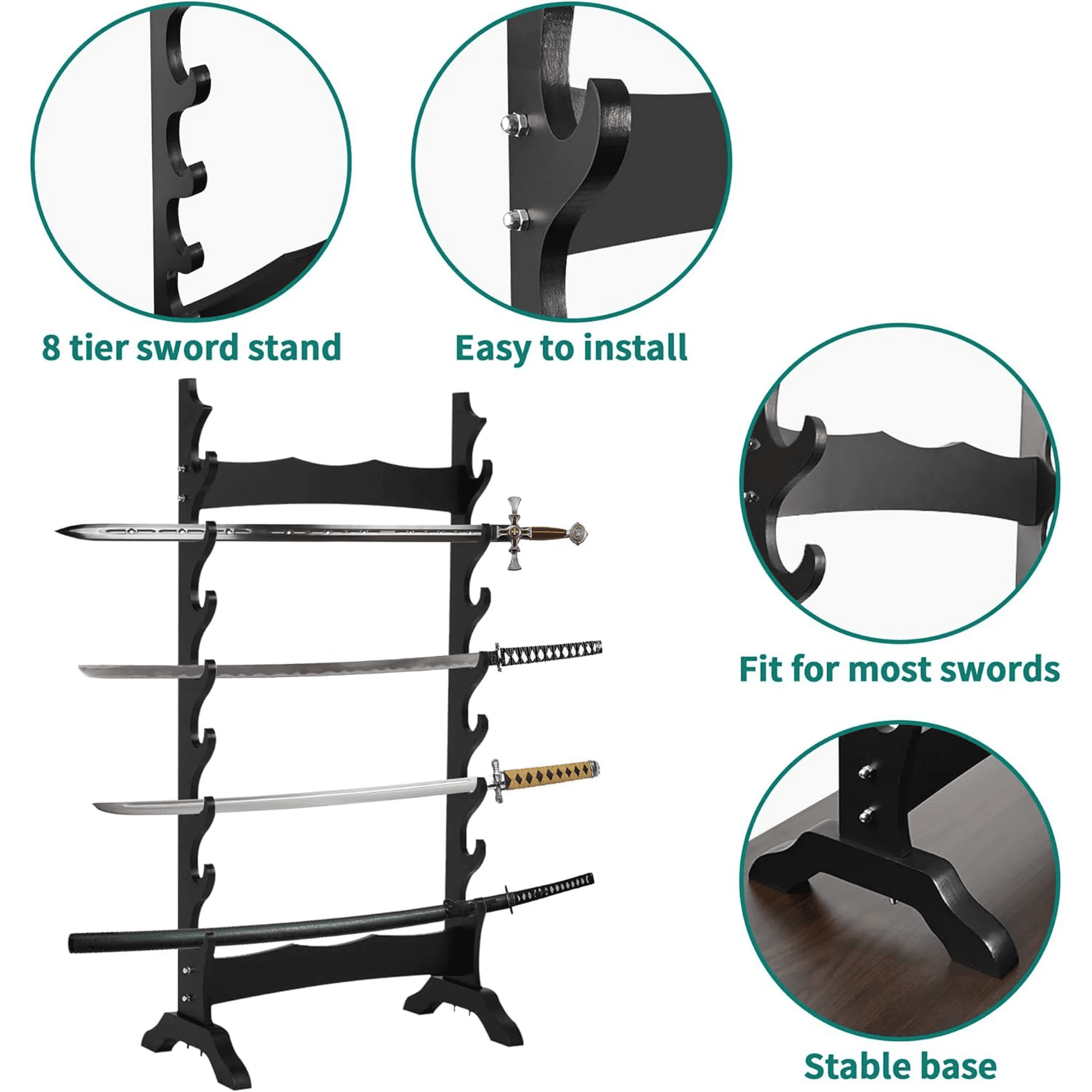 Qunbio 8 Tier Sword Stand, Wooden Japanese Samurai Sword Holder, Sword Display Stand Floor for Katana