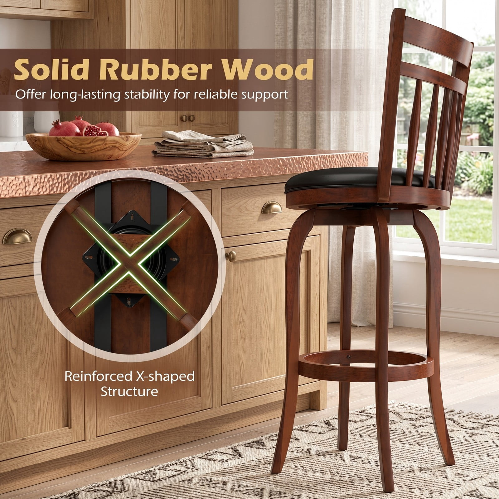 Furnibear Swivel Bar Stools Set of 2, 29 Inch Bar Height Faux Leather Upholstered Barstools with Curved Backrest and Footrest for Kitchen Island, Espresso and Black