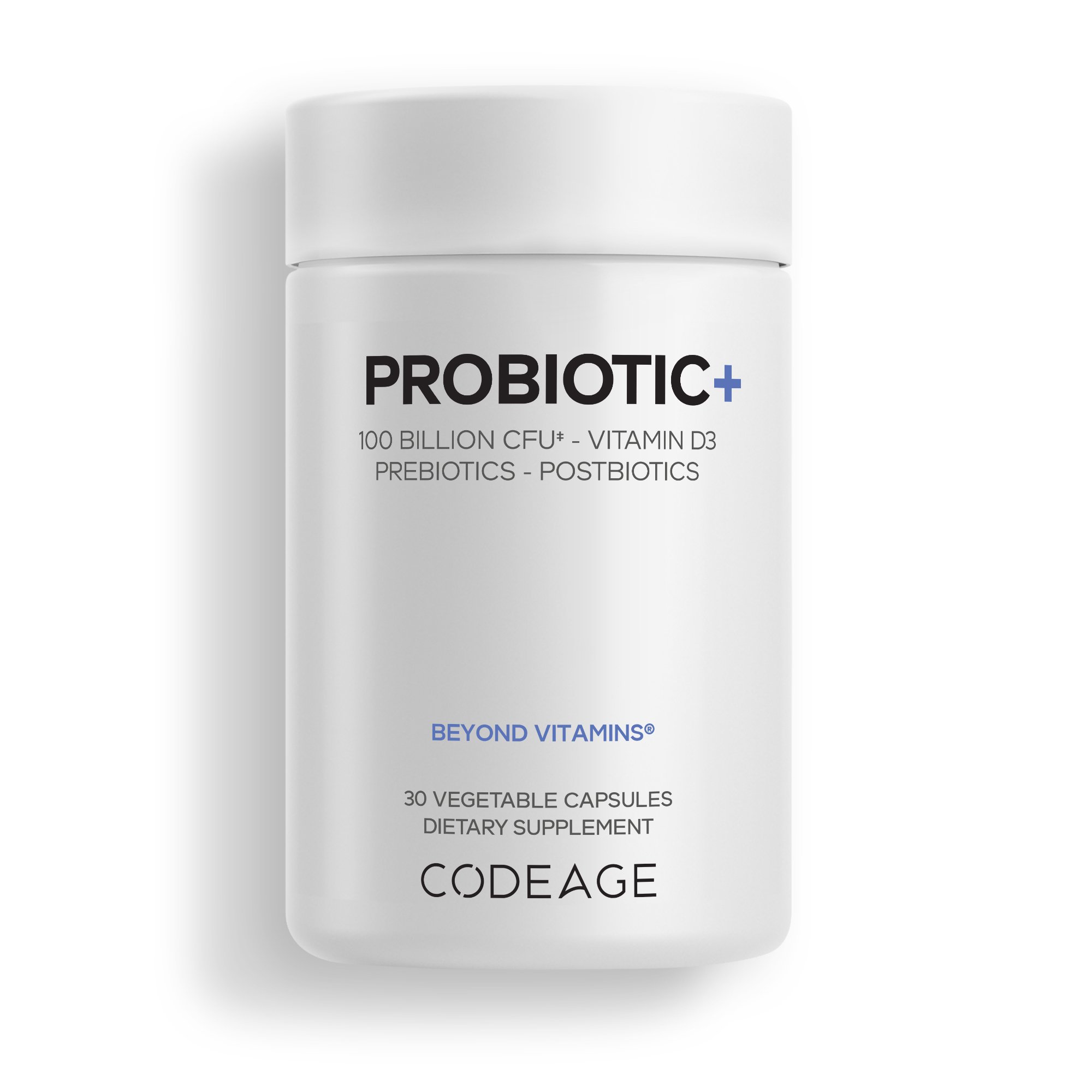 Codeage Probiotic+ 100 Billion CFU Supplement - 12-Strain Probiotic Blend, Organic Prebiotic Fiber, Postbiotics, Vitamin D3, Zinc Bisglycinate, Quercetin - for Men & Women - Non-GMO- 30 Capsules