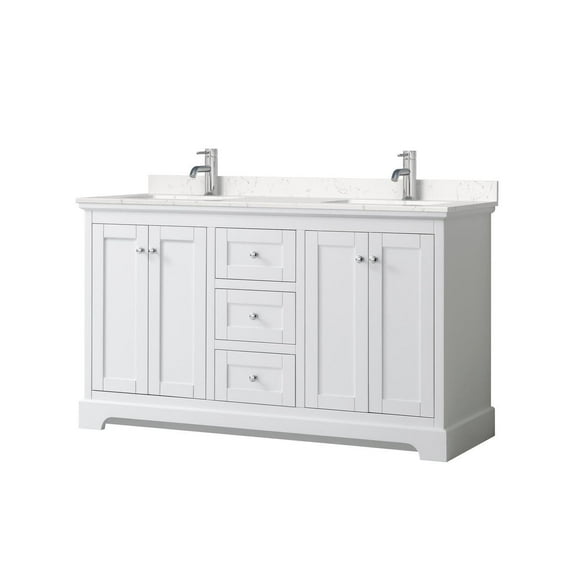 HomeStock Modern Minimalism 60 Inch Double Bathroom Vanity in White, Carrara Cultured Marble Countertop, Undermount Square Sinks, No Mirror