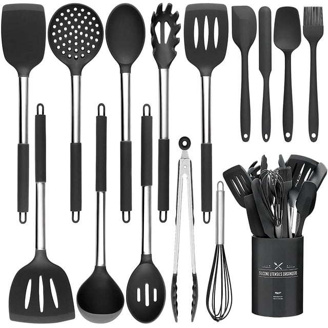 Ensemble d'Ustensiles de Cuisine en Silicone, Ustensile Résistant à la Chaleur avec Poignées en Acier Inoxydable de Qualité Supérieure pour la Cuisson et la Cuisson, Ensemble d'Ustensiles de Cuisine Antiadhésifs pour Spatules (Noir)