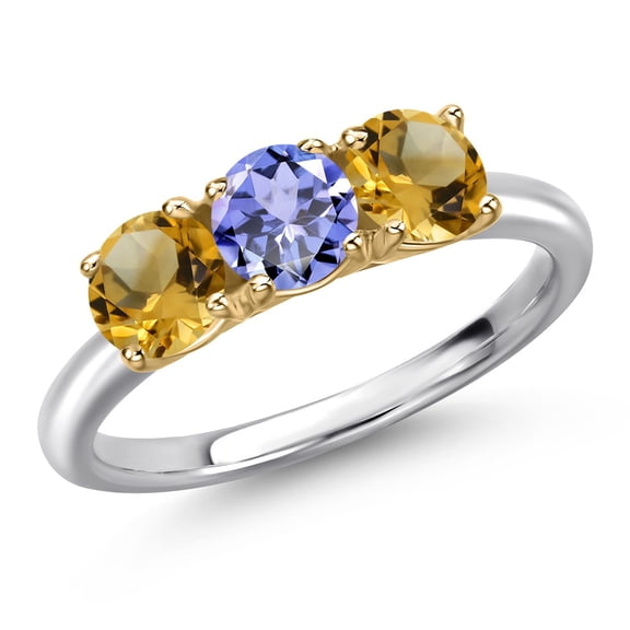 Gem Stone King 925 Silver and 10K Yellow Gold Blue Tanzanite and Yellow Citrine Engagement Ring for Women | 1.36 Cttw | Round 5MM | Gemstone December Birthstone | Size 6