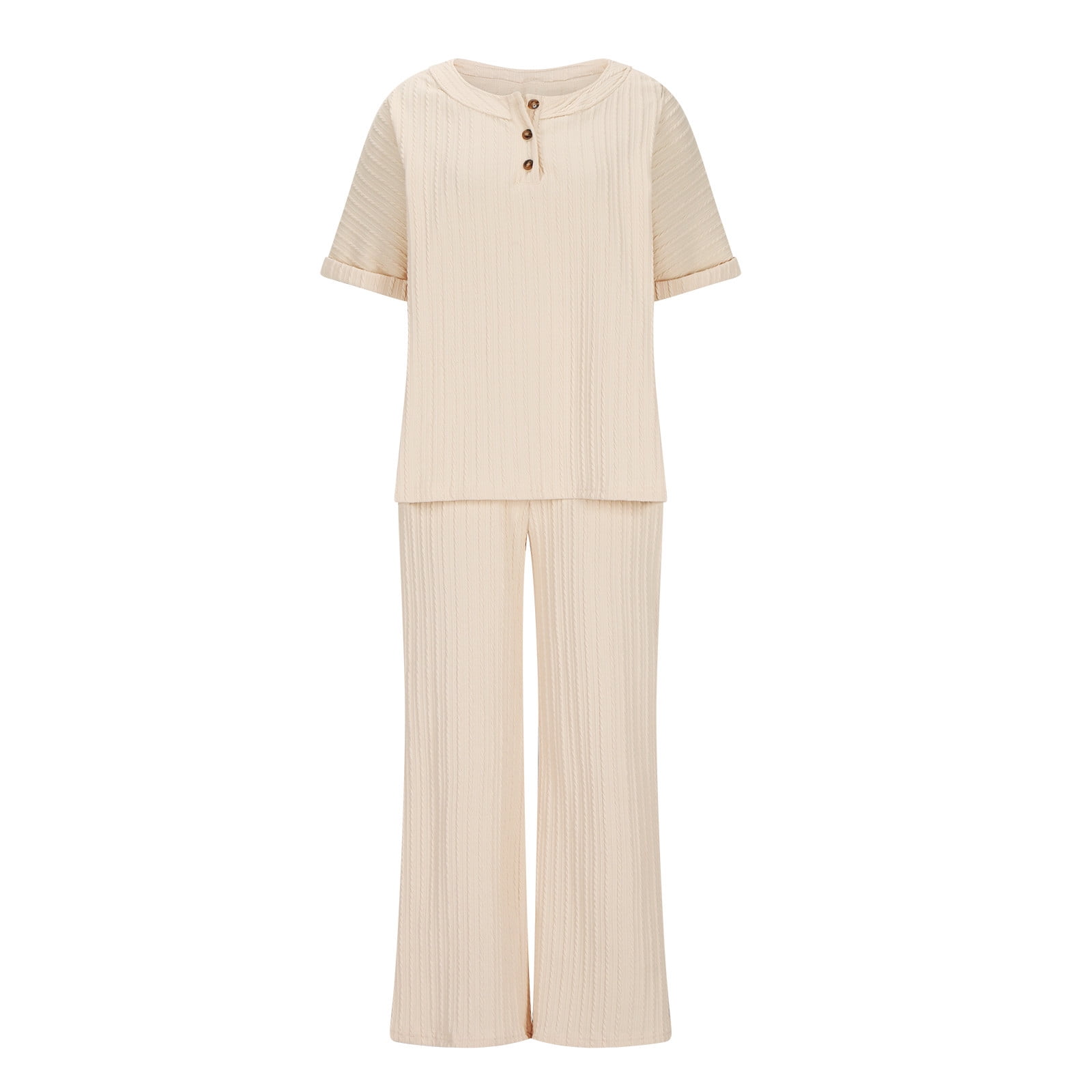 Womens Pajama Sets Pants 2 Piece Lounge Set Women Solid Color Round Neck Short Sleeve Tops And Pants Sets With Pockets