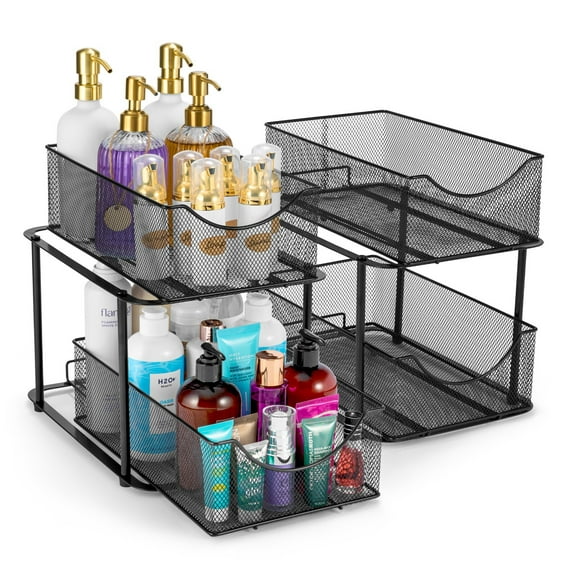 DJDG 2 Sets of 2 Tier Metal Under Sink Organizer for Bathroom, Kitchen, Strong Steel Mesh Sliding Drawers for Under Sink, Under Cabinet, Closet, Kitchen(Black)