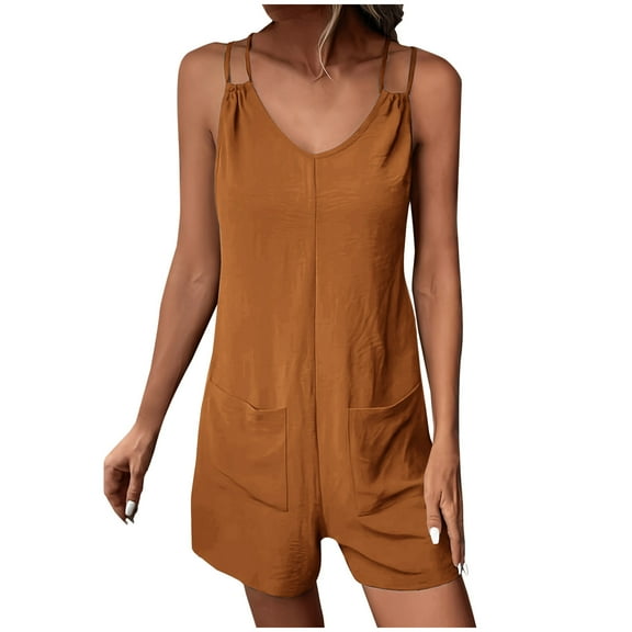 Shorts Rompers for Women Double Spaghetti Strap Bodysuit Solid Color V-Neck Casual Loose Overalls