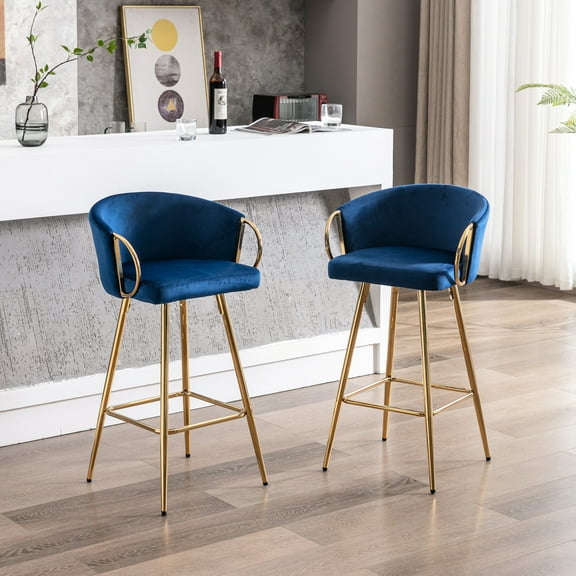 2 Bar Stools, 30 Inch, Blue Velvet, With Footrest And Golden Legged Doorway Inch Velvet Stools (2) Washer