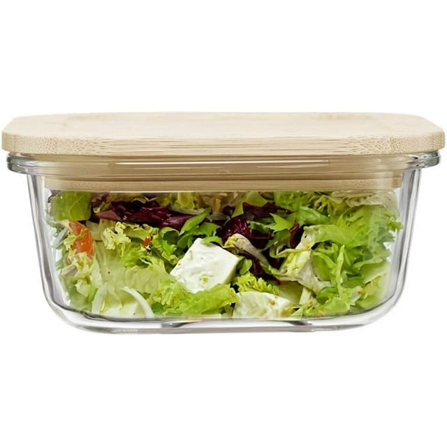 2 Pcs Square Glass Food Storage Containers 16.9oz (500 ml), Airtight, Leakproof Bamboo Lid, Meal Prep Container Set - Oven, Microwave, Freezer and Refrigerator Safe
