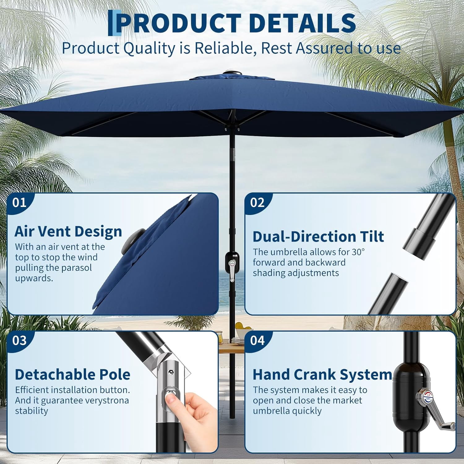 10' x 6.5' Rectangular Patio Umbrella, Outdoor Table Umbrella with Crank and Push Button Tilt, Market Umbrella Sun Umbrella with 6 Sturdy Ribs Tilt for Garden, Deck, Lawn, Pool -Navy Blue