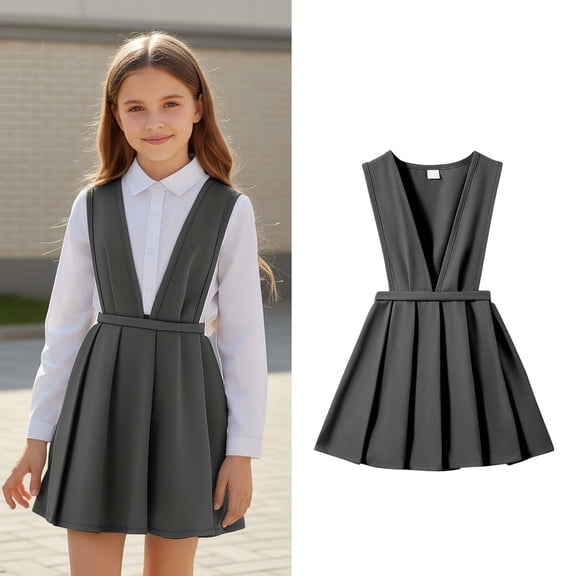 Girls Uniform Dresses V Neck Jumper Dresses A-Line Pleated Dress Stretch Fit Grey Uniform Dresses School Outfits for Girls 8-9 Years