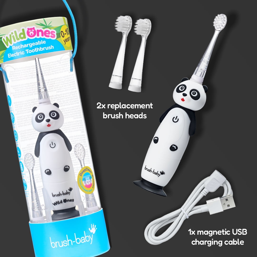 Brush-Baby WildOnes Toddler Electric Rechargeable Toothbrush, Panda Design, 3 Brush Heads, USB Cable