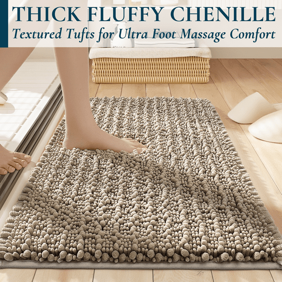 ComfiTime Bathroom Rugs, 20 x 32 in, 2000GSM Thick Slip-Resistant Chenille Bath Mat for Tub, Shower & Bathroom Floor, Machine Washable, Ultra Absorbent, Small or Long, White, Black, Gray, Blue, Brown