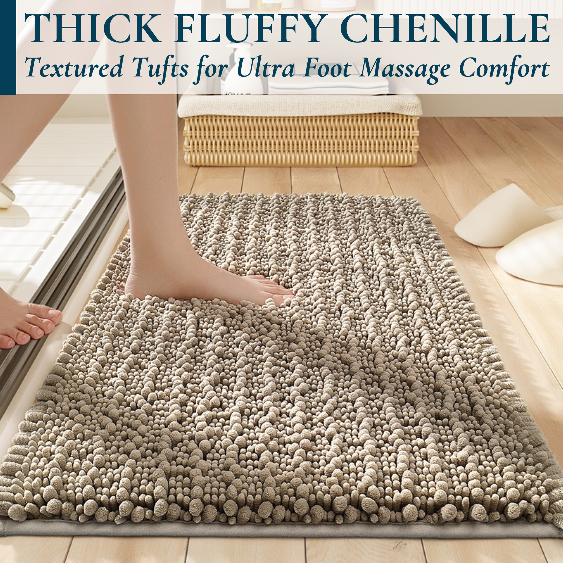 ComfiTime Chenille Bath Mat, 20W x 24L, White, Non-Slip