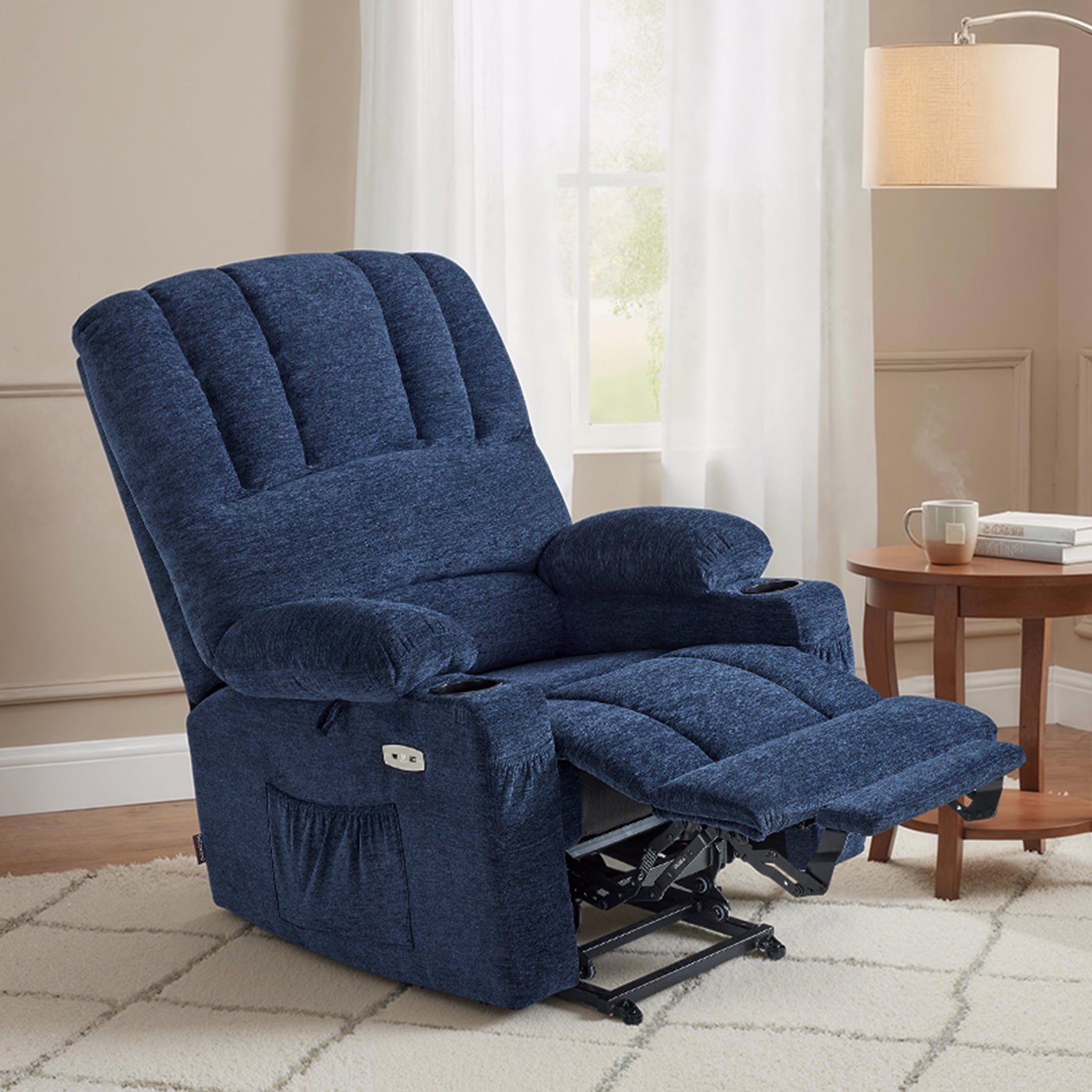 MCombo Power Lift Recliner with Massage Heat, Extended Footrest, Fabric(Medium-Regular, Navy Blue)