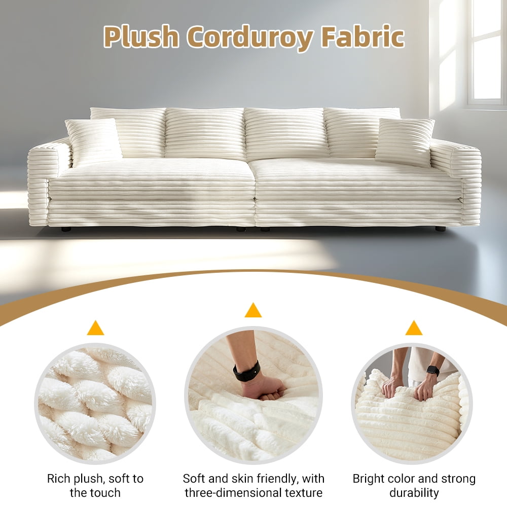 BSHTI 104.3" Extra Deep Seat Plush Corduroy 4-Seat Sofa, Convertible Lounge Chair, Boneless Couch, Beige Sectional Sofa, Removable Washable Covers, for Living Room & Office