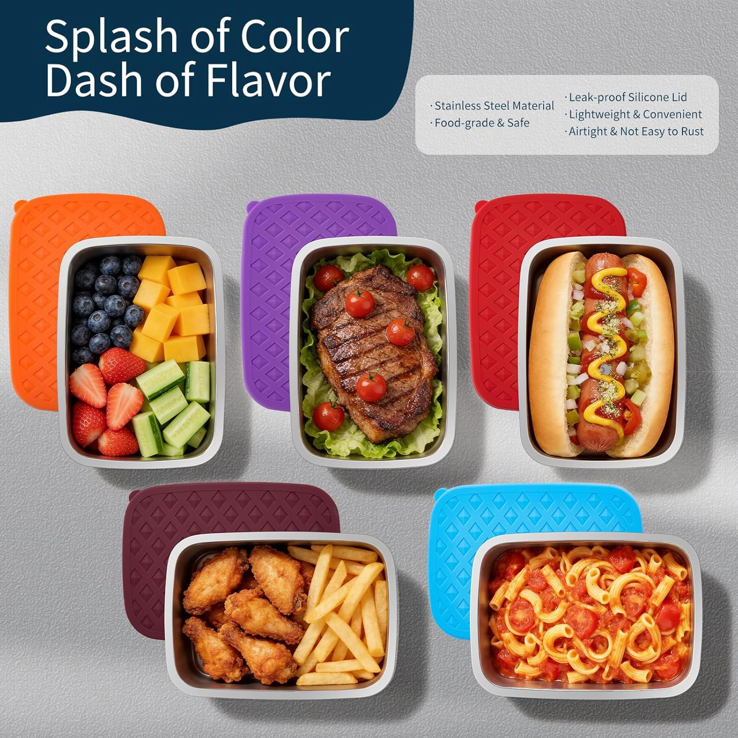 Airtight Silicone Lids Stainless Steel Food Containers - 5 Pack Extra Heavy Duty Meal Prep Boxes for Lunch, Freezer & Dishwasher Safe