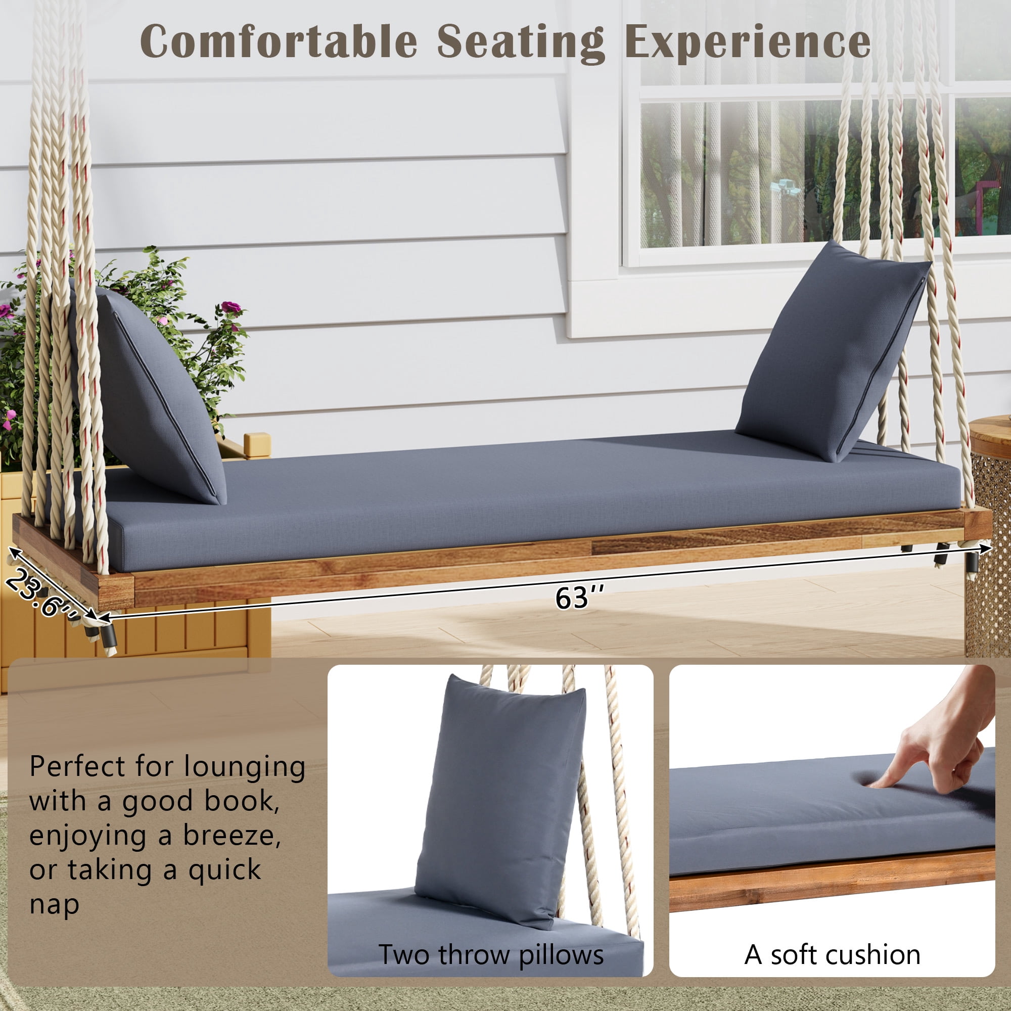 Euroco Acacia Wood Swing Chair with Hemp Rope Suspension, 400lbs Capacity, Comfortable Cushioned Seat, Easy Setup, Multiple Colors
