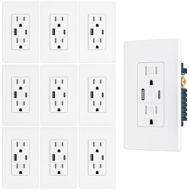 10 Pack - BRILLTECH Prise USB 4.8A/24W, Prise Murale avec Ports Type C & Type A, Prise Réceptacle 15 Ampères, Réceptacle Résistant aux Taches, Plaque Murale Sans Vis Incluse, Certifié UL, Wh