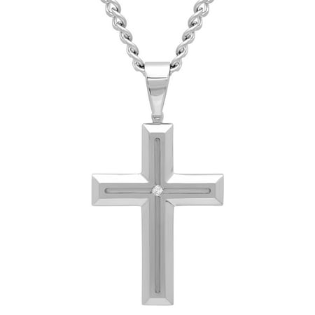 Men's Stainless Steel Diamond Accent Cross Pendant Necklace (Best Chain For Diamond Pendant)
