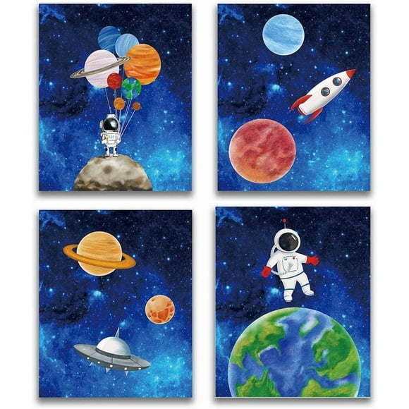 Starry Outer Space Art Print-Galaxy Planets Astronauts Space Themed Canvas Wall Art(8"x10"x4pcs ,Unframed)-Perfect for Kids Boy Bedroom Decoration