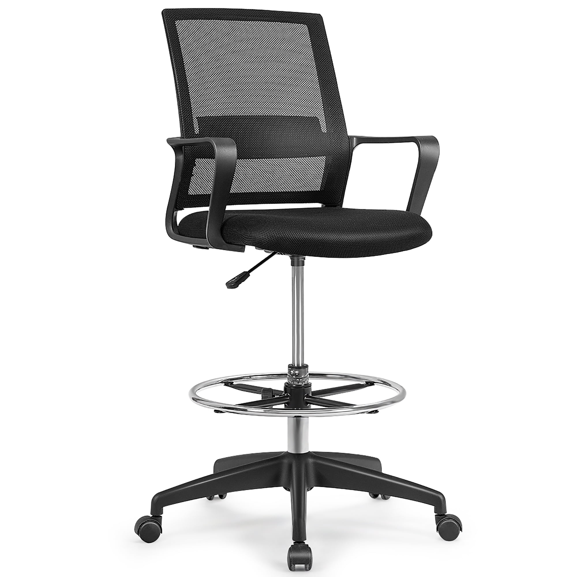 VIVA OFFICE Tall Drafting Black Mesh Chair with Lumbar support and Adjustable Armrest and Footring 
