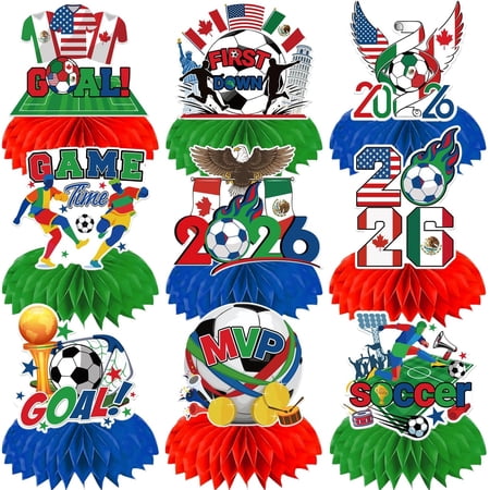 9PCS 2026 World Soccer Party Decorations Red Green and Blue Theme Honeycomb Centerpieces Double Sided, Themed Table Decor Supplies for Football Sports Competition