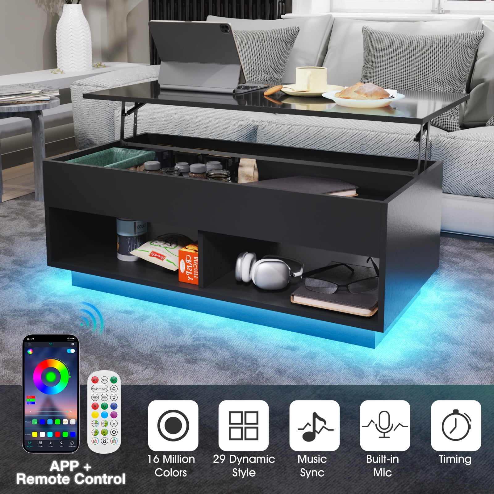Hommpa Lift Top Coffee Table with Hidden Compartment High Gloss Black Coffee Tables LED Center Rising Cocktail Table for Living Room Accent Furniture