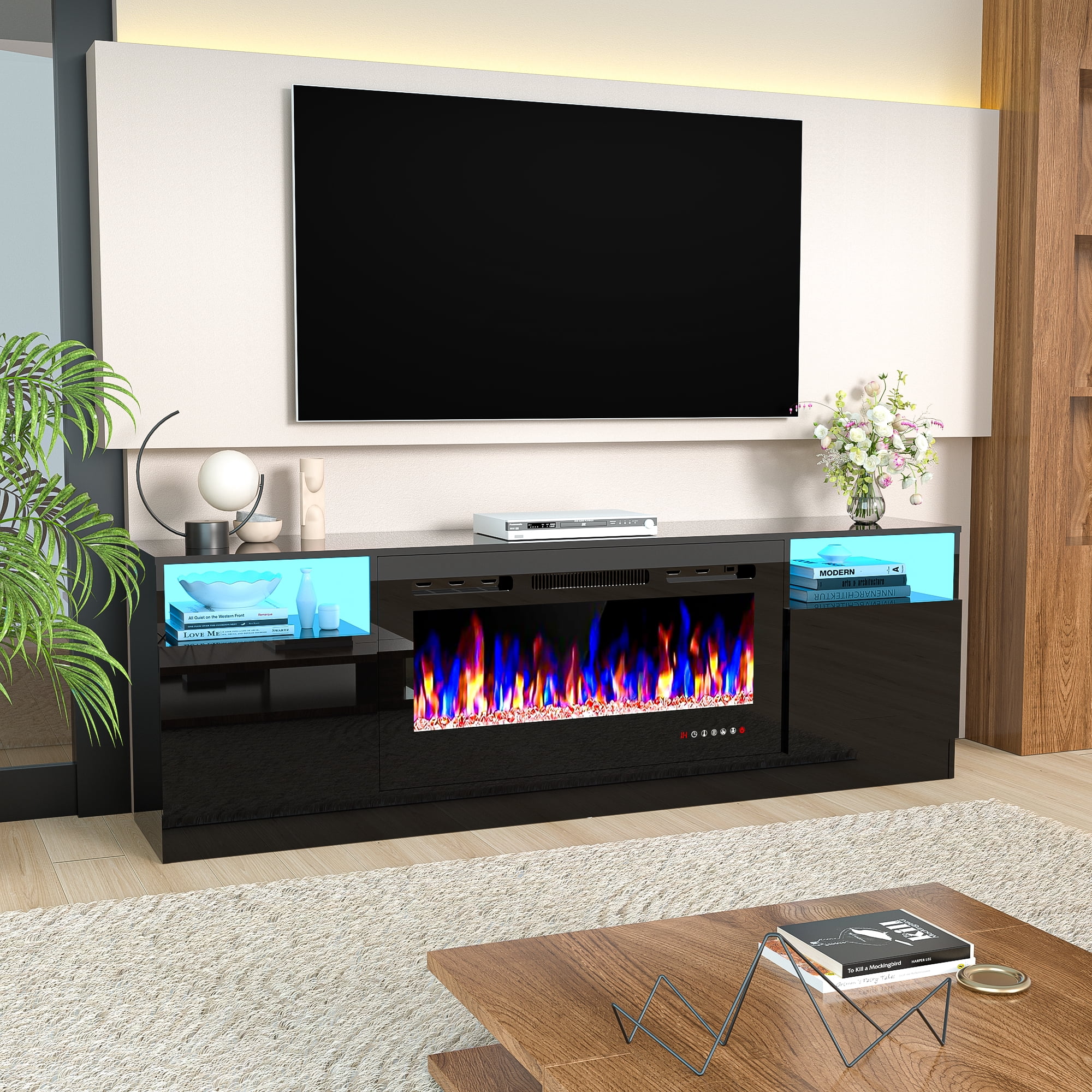 HARIPUL 70" Fireplace TV Stand for TVs Up to 80" with 36" Electric Fireplace, TV Console for The Living Room, LED Light Entertainment Center, Storage Cabinet, Media Console Table, Black