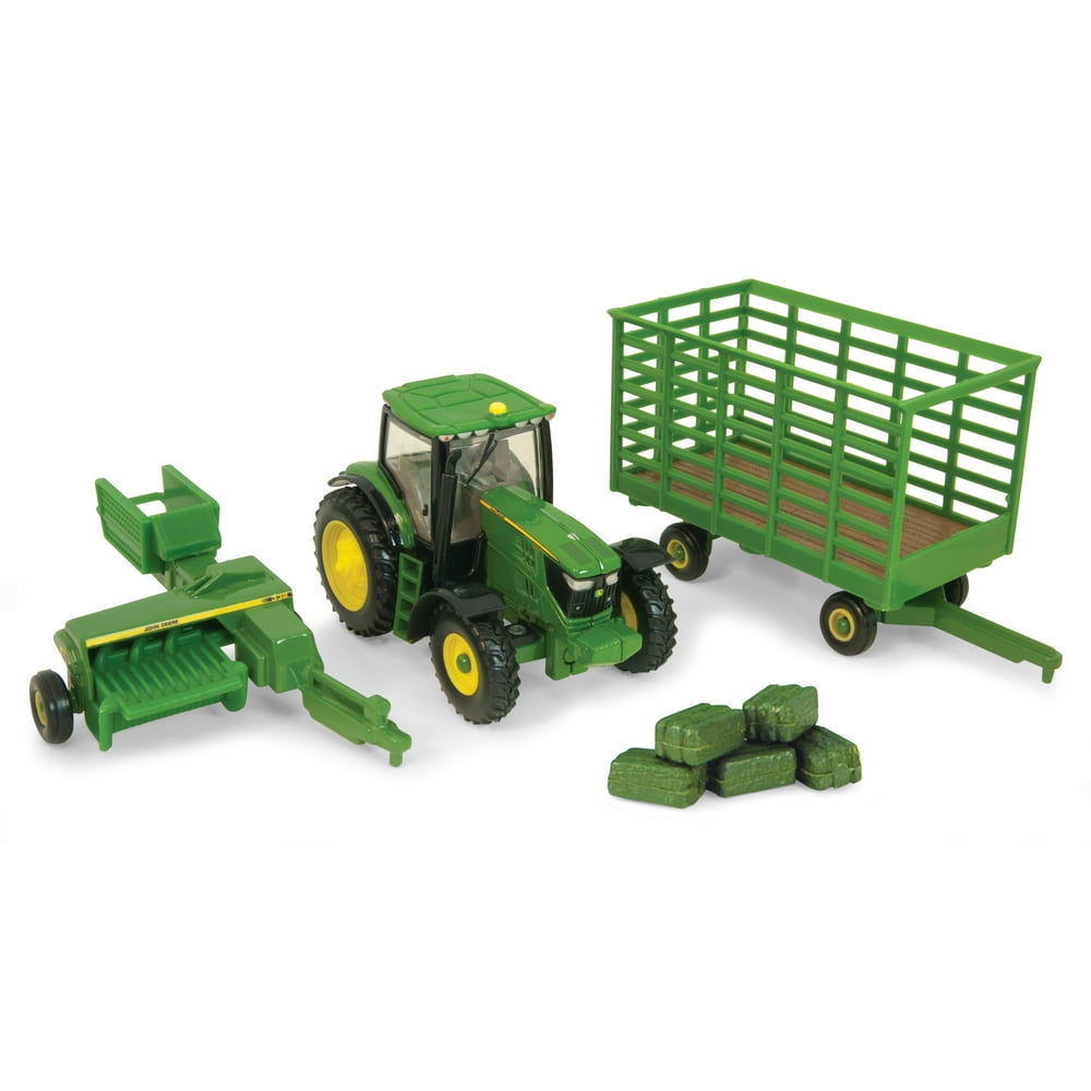 John Deere Toy Tractor Set 338 Baler & Bale Wagon Hay Set 164 Scale