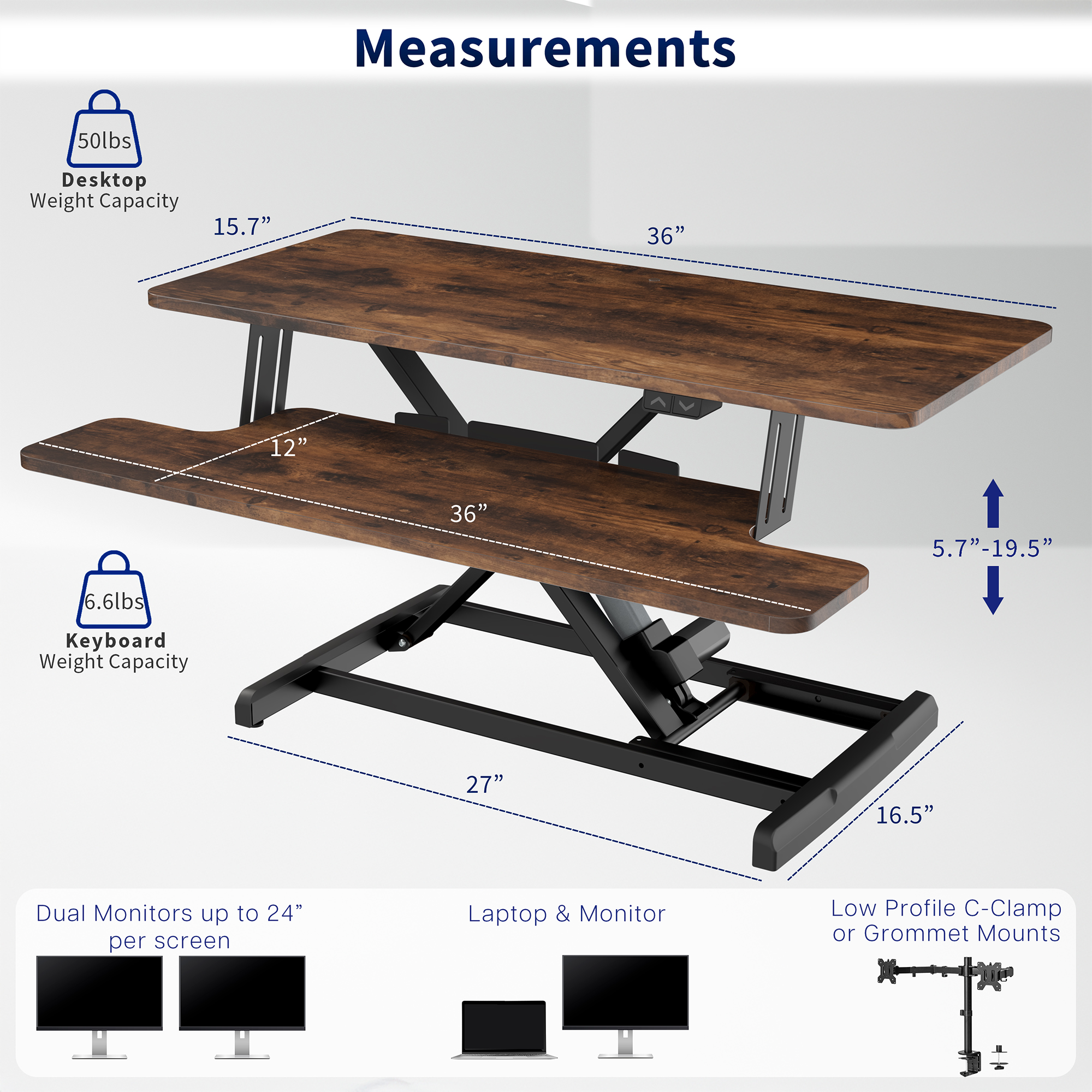 VIVO Vintage Brown Electric 36" Standing Desk Monitor Riser, Sit Stand Tabletop