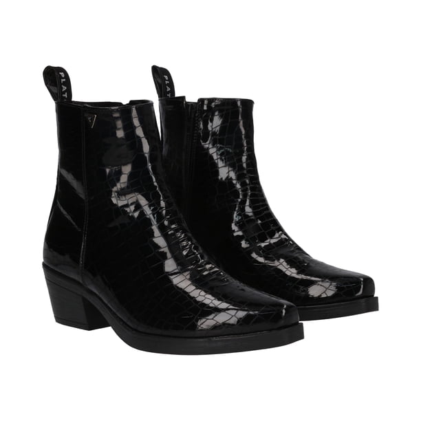 Bota Vaquera Tacón Bajo Texas Para Mujer Charol Drillo Negro