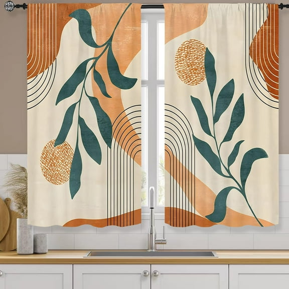 Mid Century Boho Kitchen Curtains 27.5W X 39L Inch 2 Panels Rod Pocket Geometric Modern Bohemian Arch Leaves Abstract Small Short Cafe Tier Curtain Window Drapes Treatment Home Decoration