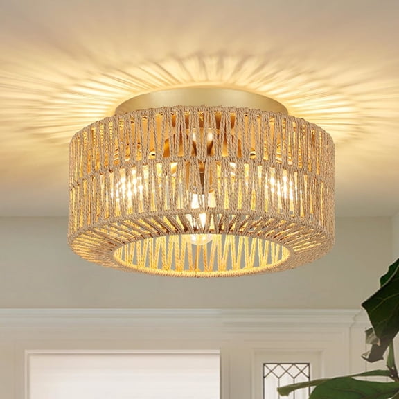 Noble House 12" Boho Rattan Flush Mount Ceiling Light, 3-Light Woven Fixture for Bedroom & Kitchen, Natural and Gold