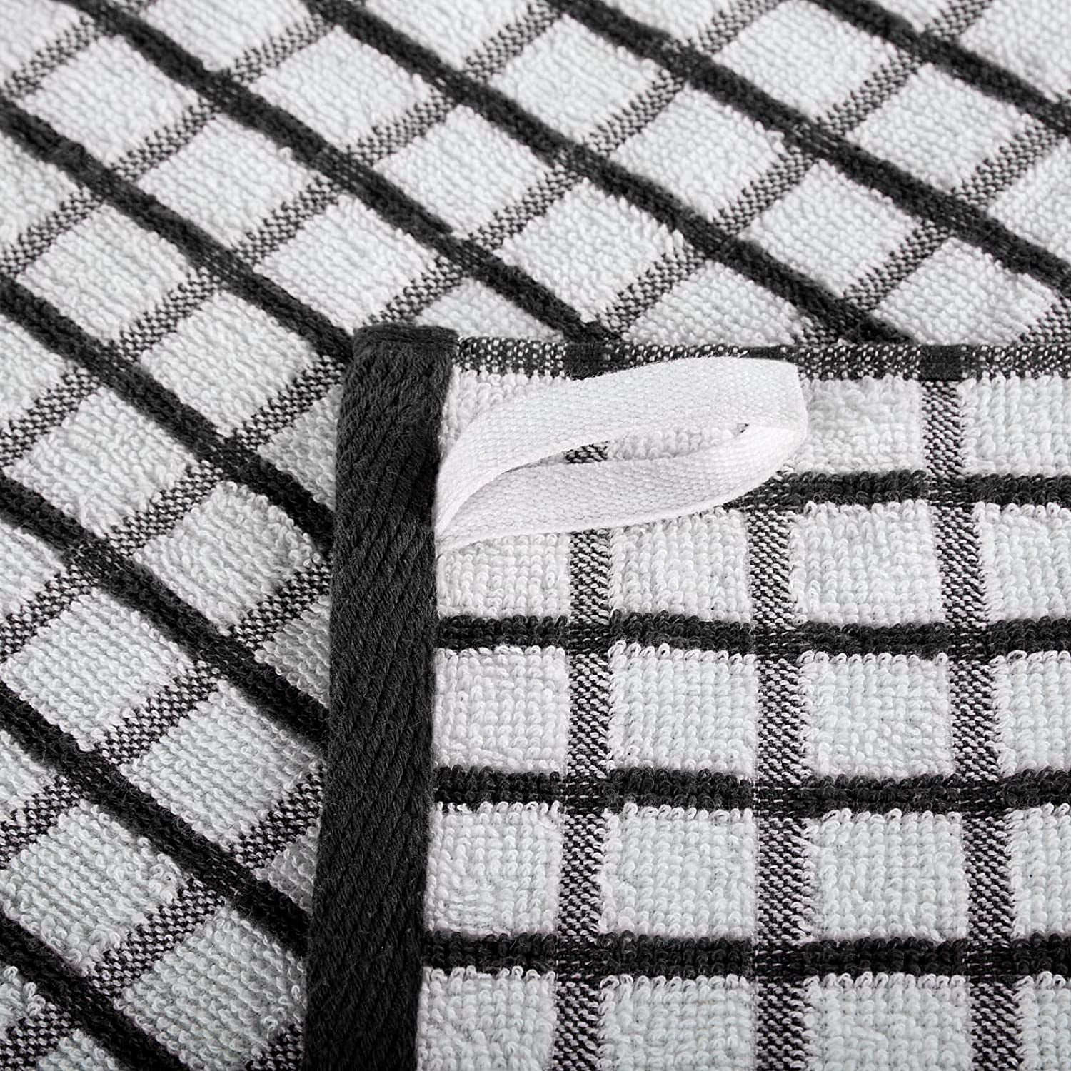 [8 Pack] Premium Dish Towels for Kitchen, with Hanging Loop - Heavy Duty Absorbent 100% Cotton 410 GSM Terry Kitchen Towels, 16x26 (Black)
