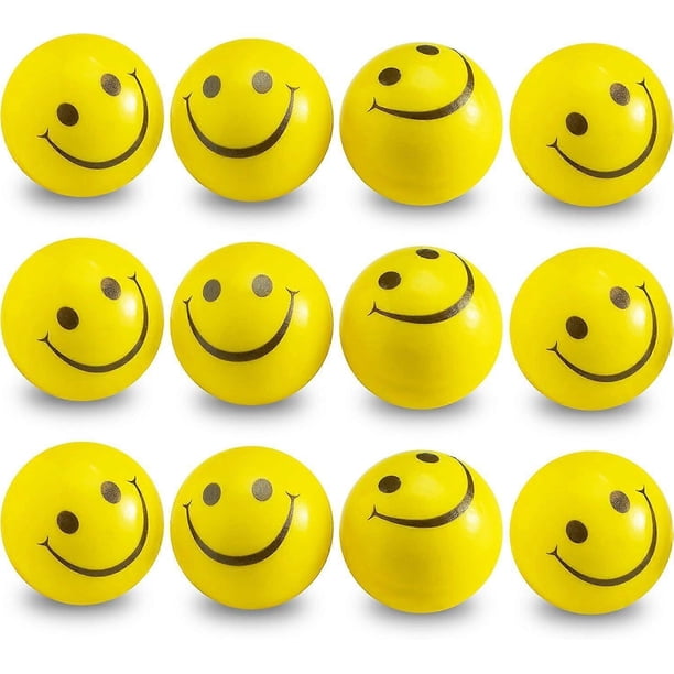 JUSCH SAYTAY Smile Face Stress Balls (Bulk Pack of 24) for Kids and Adults, 2 Inch Yellow Fun Happy Face Squeeze Balls for Anxiety Relief, Hand Therap